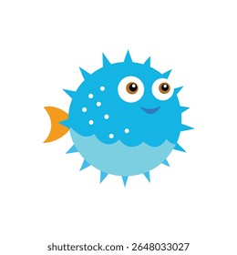 A cute, cartoon-style puffer fish with big brown eyes, a wide smile, and sharp blue spikes. This friendly sea creature is depicted in bright blue and light blue.