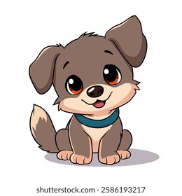 A cute cartoon-style puppy illustration with brown fur, big adorable eyes, wearing a blue collar, sitting with a friendly expression and a fluffy tail.