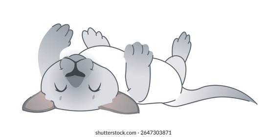 Cute cartoon-style puppy lying on its back with closed eyes and paws up, drawn in smooth gradient tones on a clean white background. Concept of peace, rest. Vector illustration