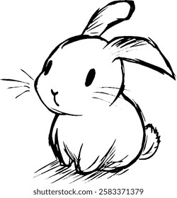 A cute, cartoon-style rabbit sitting down with large eyes and a small nose, drawn in simple black lines on a white background.