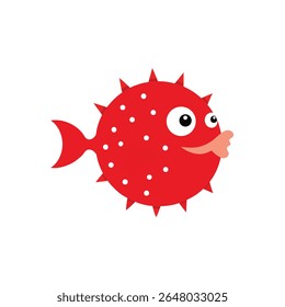 A cute, cartoon-style red puffer fish with white spots and sharp spines is depicted against a clean white background. The fish has large, expressive eyes and a slightly puffed-out appearance.