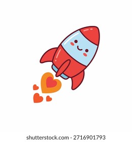 Ein süßes rotes Raketenschiff im Cartoon-Stil mit einem lächelnden Gesicht schießt los und strahlt herzförmige Flammen und Rauch aus. Die Rakete hat blaue Akzente und Flossen, und die Herzen sind orange und rot.