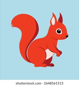 A cute, cartoon-style red squirrel is centered against a light blue background. The squirrel is illustrated with a large, bushy tail curled upward, prominent white belly, and big, expressive black eye