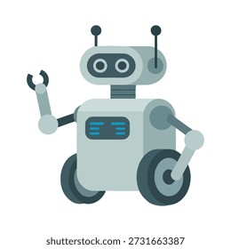 A cute, cartoon-style robot with wheels, antennae, and a gripper arm, isolated on a white background. The robot has a friendly, approachable design.