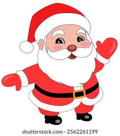  cute, cartoon-style Santa Claus. Santa is depicted with a red hat, white beard, red suit with white trim, black belt with a yellow buckle, and black gloves and boots.