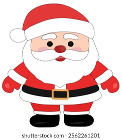  cute, cartoon-style Santa Claus. Santa is depicted with a red hat, white beard, red suit with white trim, black belt with a yellow buckle, and black gloves and boots.