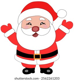  cute, cartoon-style Santa Claus. Santa is depicted with a red hat, white beard, red suit with white trim, black belt with a yellow buckle, and black gloves and boots.