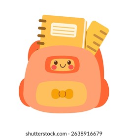 
Cute cartoon-style school backpack with a smiling face and school supplies inside. 
Perfect for kids’ learning visuals, back-to-school designs, and educational themes.