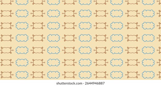 Cute cartoon-style seamless pattern of outlined pillows and clouds in brown and blue tones over a beige background. Ideal for nursery, fabric, and kids’ decor.