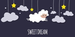 Cute Cartoon-style Sheep Sleeps In The Clouds. Wishing You Good Dreams.

