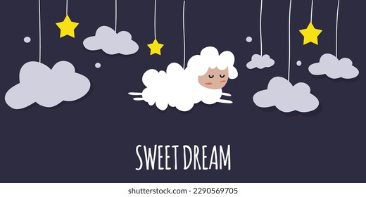 Cute cartoon-style sheep sleeps in the clouds. Wishing you good dreams.

