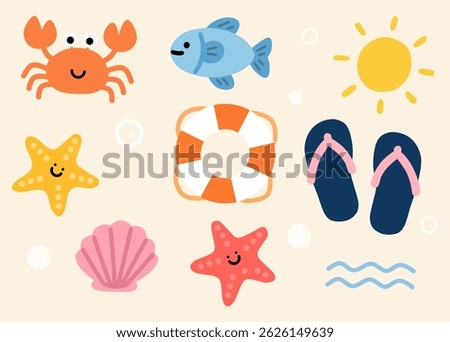 Cute cartoon-style summer elements set featuring crab, fish, starfish, seashell, lifebuoy, flip-flops, sun, and waves. Perfect for holiday decorations, tropical, summer, and beach-themed illustrations