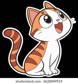 A cute cartoon-style tabby cat sitting with a happy expression big, shiny eyes, and a smiling face