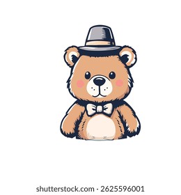 Cute cartoon-style teddy bear wearing a gray hat with a black band and a white bow tie, featuring light brown fur and darker accents.