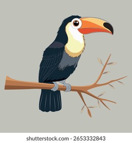 A cute cartoon-style toucan bird with a large colorful beak, perched on a tree branch. Perfect for children's books, jungle themes, and tropical wildlife illustrations.
