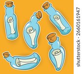 Cute cartoon-style vector of bottles with rolled messages inside. Perfect for stickers, games, pirate themes, or treasure map illustrations.