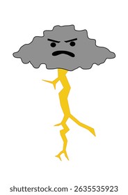 A cute, cartoon-style vector icon of a thundercloud with an angry face, ideal for weather apps, children's illustrations, or playful designs.