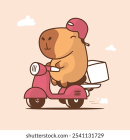 A cute cartoon-style vector illustration of a capybara happily riding a pink scooter, delivering a package. 