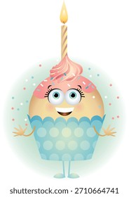 A cute cartoon-style vector illustration of a smiling birthday cupcake with arms and legs. The cupcake features pink frosting, colorful sprinkles, and a lit candle on top.