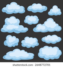 Um bonito conjunto de vetor de estilo cartoon com várias formas de nuvens fofas em tons suaves azuis e brancos, perfeito para cenas do céu, ícones do tempo, ilustrações infantis, design de jogos e fundos decorativos