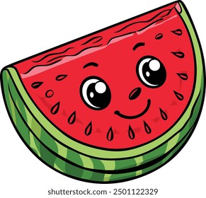 Ein süßes Wassermelonen-Emoji im Cartoon-Stil mit einem breiten, lächelnden Gesicht. Die Wassermelone ist aufgeschnitten und enthüllt ihr rotes Fleisch mit schwarzen Samen. Die Rinde ist grün mit dunkelgrünen Streifen.