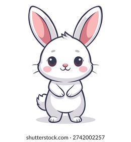 A cute, cartoon-style white bunny with long ears and rosy cheeks stands with its paws together, conveying an innocent and playful mood against a clean white background