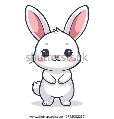 A cute, cartoon-style white bunny with long ears and rosy cheeks stands with its paws together, conveying an innocent and playful mood against a clean white background
