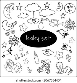 cute cartoony baby set.black outline isolated on a white background