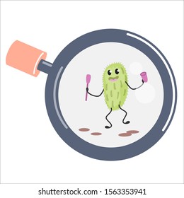 Cute, cartoony bacteria are visible through a magnifying glass. Comic images of a virus, a microbe. Vector illustration .