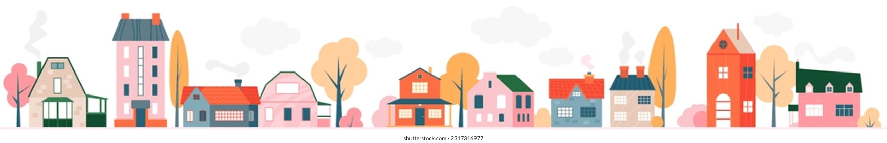 Cute cartooon charming small town village houses panorama. Front view of a variety of brick cottages and apartments vector illustration svg