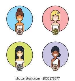 Cute cartooon smiling brides vector line icon set