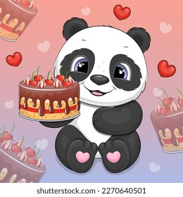 Cute cartyoon panda sostiene un pastel. Ilustración de animales vectores en un fondo colorido con pasteles y corazones.