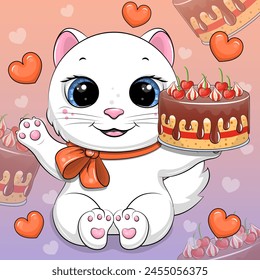 Cute cartyoon panda is holding a cake. Vector animal illustration on a colorful background with cakes and hearts.