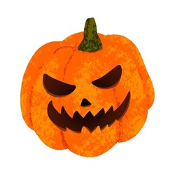 Cute Carved Pumpkin With A Classic Sinister Face Isolated On White Background. Halloween Pumpkin Painted With Chalk. Jack O'Lantern
