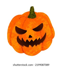 Cute carved pumpkin with a classic sinister face isolated on white background. Halloween pumpkin painted with chalk. Jack O'Lantern