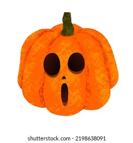 Cute carved pumpkin with a surprised face isolated on white background. Halloween pumpkin painted with chalk