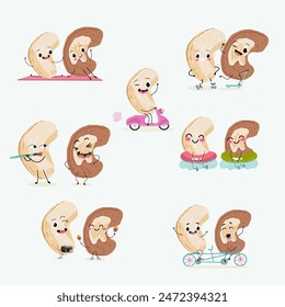Cute cashew characters set, collection. Flat vector illustration. Activities, playing musical instruments, sports, funny nuts.
