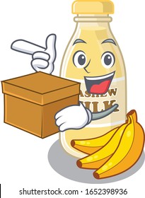 Cute cashew milk cartoon character having a box