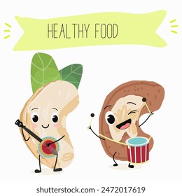 Cute Cashew nut characters, funny nuts, with different activities, outdoor, sports,musical instrument. Organic food, healthy food, illustrations for kids menu.