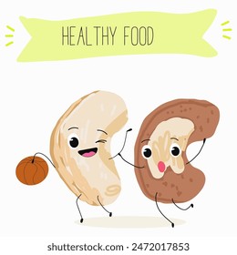 Cute Cashew nut characters, funny nuts, with different activities, outdoor, sports,musical instrument. Organic food, healthy food, illustrations for kids menu.