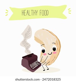 Cute Cashew nut characters, funny nuts, with different activities, outdoor, sports,musical instrument. Organic food, healthy food, illustrations for kids menu.