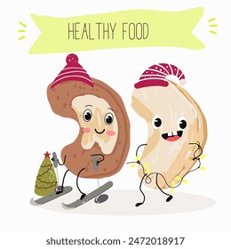 Personajes lindos de anacardos, frutos secos divertidos, con diferentes actividades, al aire libre, deportes, instrumento musical. Comida orgánica, comida saludable, ilustraciones para el menú infantil.