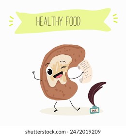 Cute Cashew nut characters, funny nuts, with different activities, outdoor, sports,musical instrument. Organic food, healthy food, illustrations for kids menu.