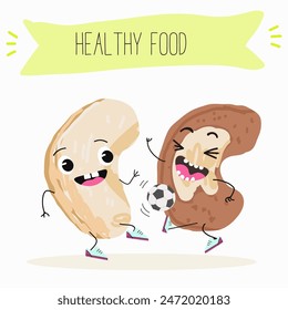 Cute Cashew nut characters, funny nuts, with different activities, outdoor, sports,musical instrument. Organic food, healthy food, illustrations for kids menu.
