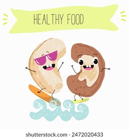 Cute Cashew nut characters, funny nuts, with different activities, outdoor, sports,musical instrument. Organic food, healthy food, illustrations for kids menu.