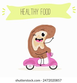 Cute Cashew nut characters, funny nuts, with different activities, outdoor, sports,musical instrument. Organic food, healthy food, illustrations for kids menu.