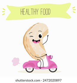 Cute Cashew nut characters, funny nuts, with different activities, outdoor, sports,musical instrument. Organic food, healthy food, illustrations for kids menu.