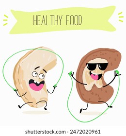 Personajes lindos de anacardos, frutos secos divertidos, con diferentes actividades, al aire libre, deportes, instrumento musical. Comida orgánica, comida saludable, ilustraciones para el menú infantil.