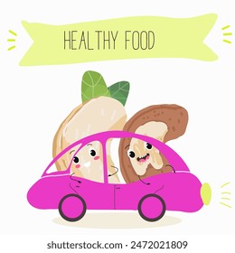 Cute Cashew nut characters, funny nuts, with different activities, outdoor, sports,musical instrument. Organic food, healthy food, illustrations for kids menu.