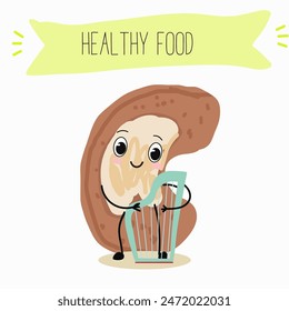 Cute Cashew nut characters, funny nuts, with different activities, outdoor, sports,musical instrument. Organic food, healthy food, illustrations for kids menu.